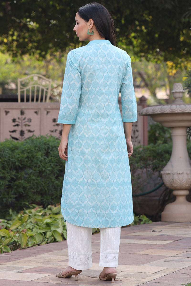 Charchara Print Pintuck Blue Kurta