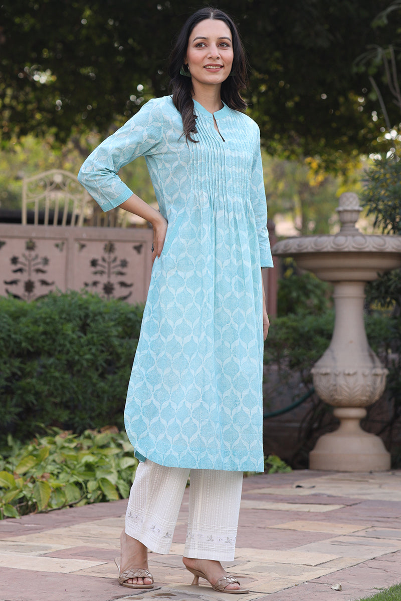 Charchara Print Pintuck Blue Kurta