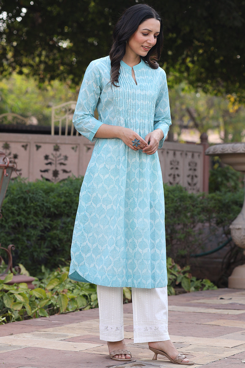 Charchara Print Pintuck Blue Kurta