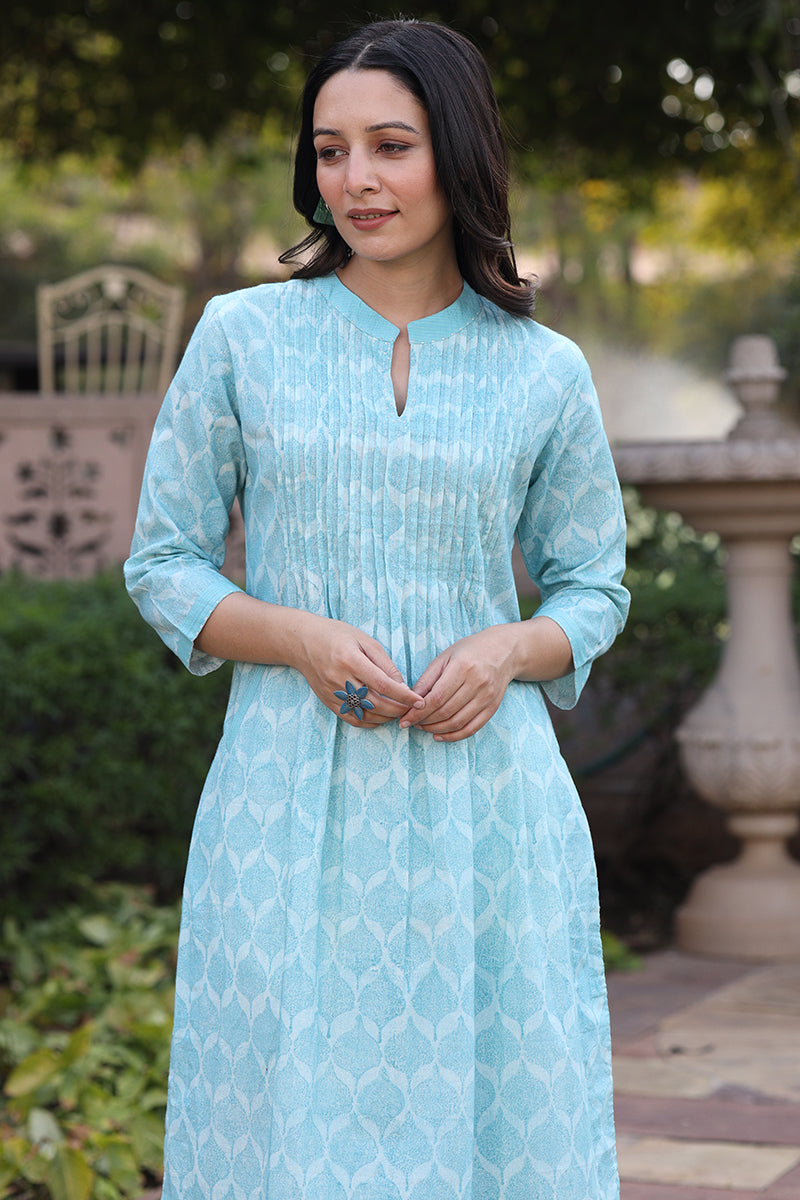 Charchara Print Pintuck Blue Kurta